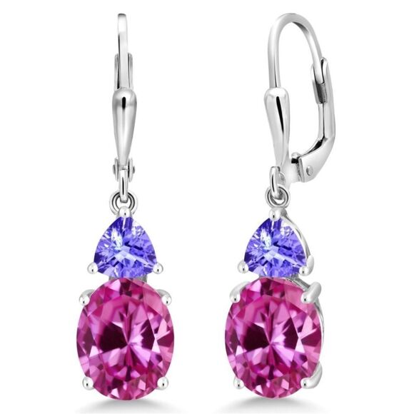 925 Sterling Silver with 7.30 Cttw Pink Sapphire and Tanzanite Drop Earrings